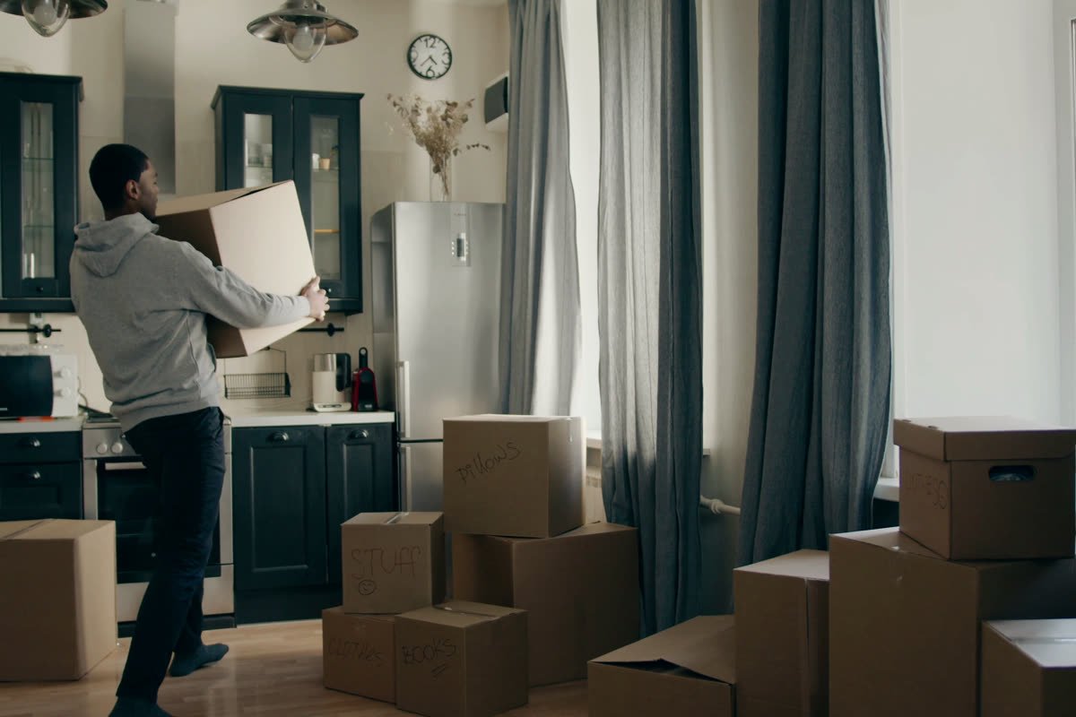 Packed boxes in a kitchen